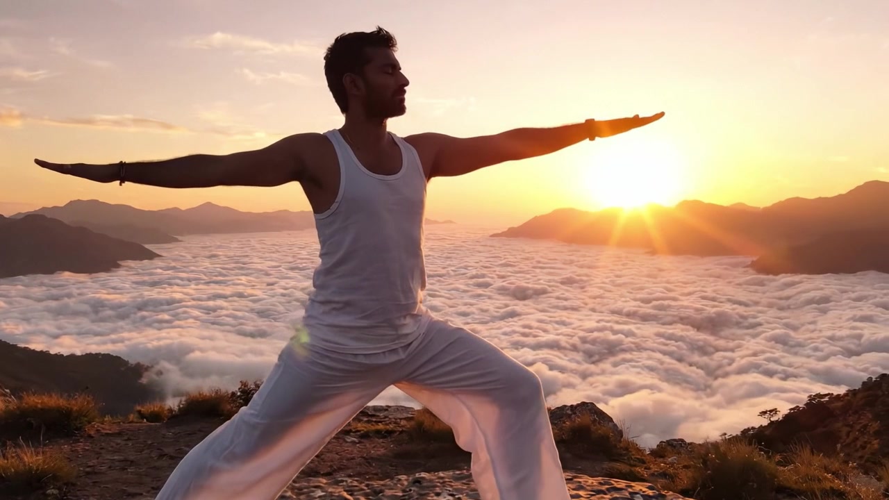 A Serene Sunrise Yoga Experience Overlooking a Sea of Clouds, Capturing the Essence of Mindfulness and Tranquility Amidst Nature's Beauty