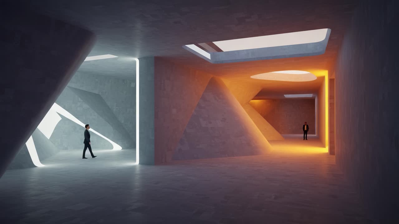 Exploring a Modern Architectural Space: Two Perspectives in a Minimalistic Environment with Dynamic Lighting and Angular Design Elements