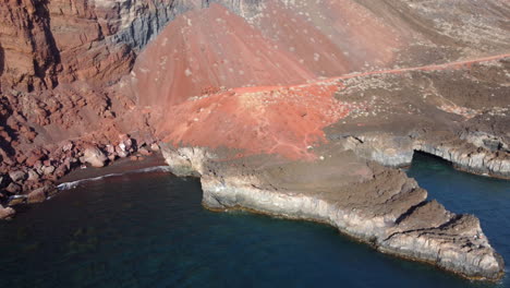 Vista-De-La-Costa-Rocosa-Con-Montañas-Rojas-Bañadas-Por-El-Mar-En-Calma-En-Un-Día-Soleado,-Cala-Tacoron,-Isla-El-Hierro