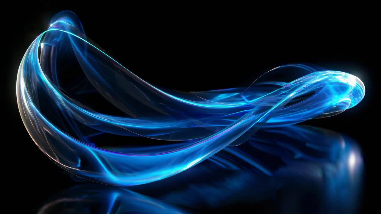 Dynamic abstract video of glowing blue ribbons twisting against a black background