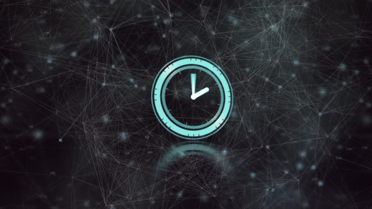 Animation of clock moving fast over network of connections and glowing spots