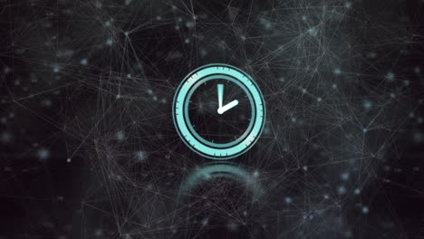 animación de un reloj que se mueve rápidamente sobre una red de conexiones y puntos brillantes