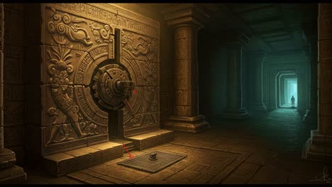 mysterious ancient vault: a shadowy figure approaches the enigmatic doorway in the heart of a dimly lit temple, secluded in timeless stone and intricate carvings