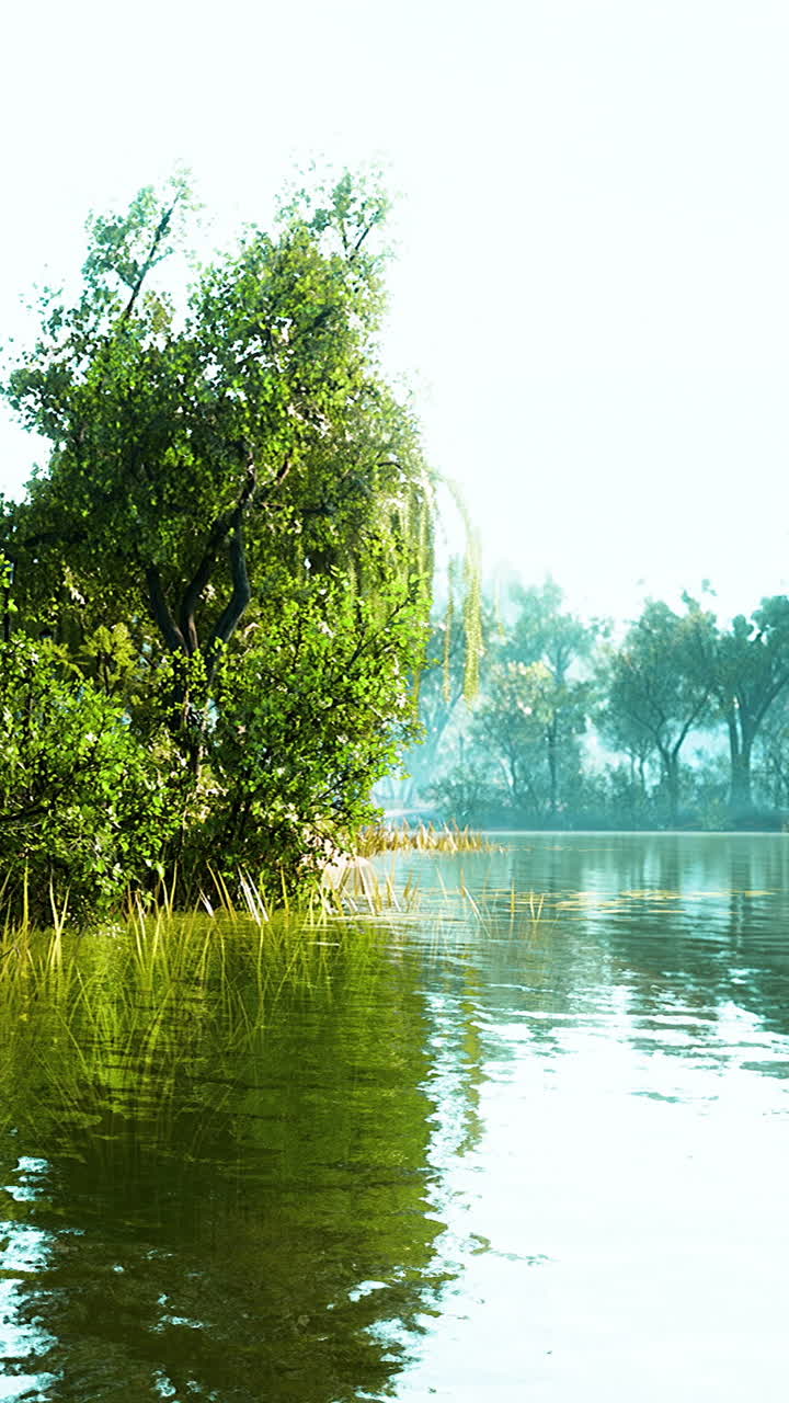울창한 초록색으로 조용한 호수 풍경