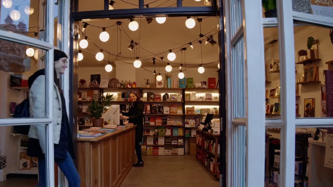 Wide-angle video shot of a cozy bookstore entrance, showcasing warm lighting, open doors