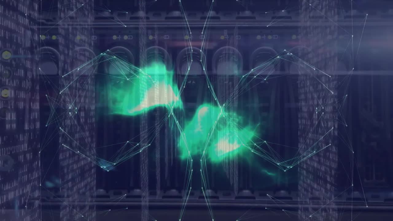 animación de la red de conexiones y procesamiento de datos sobre la sala de servidores