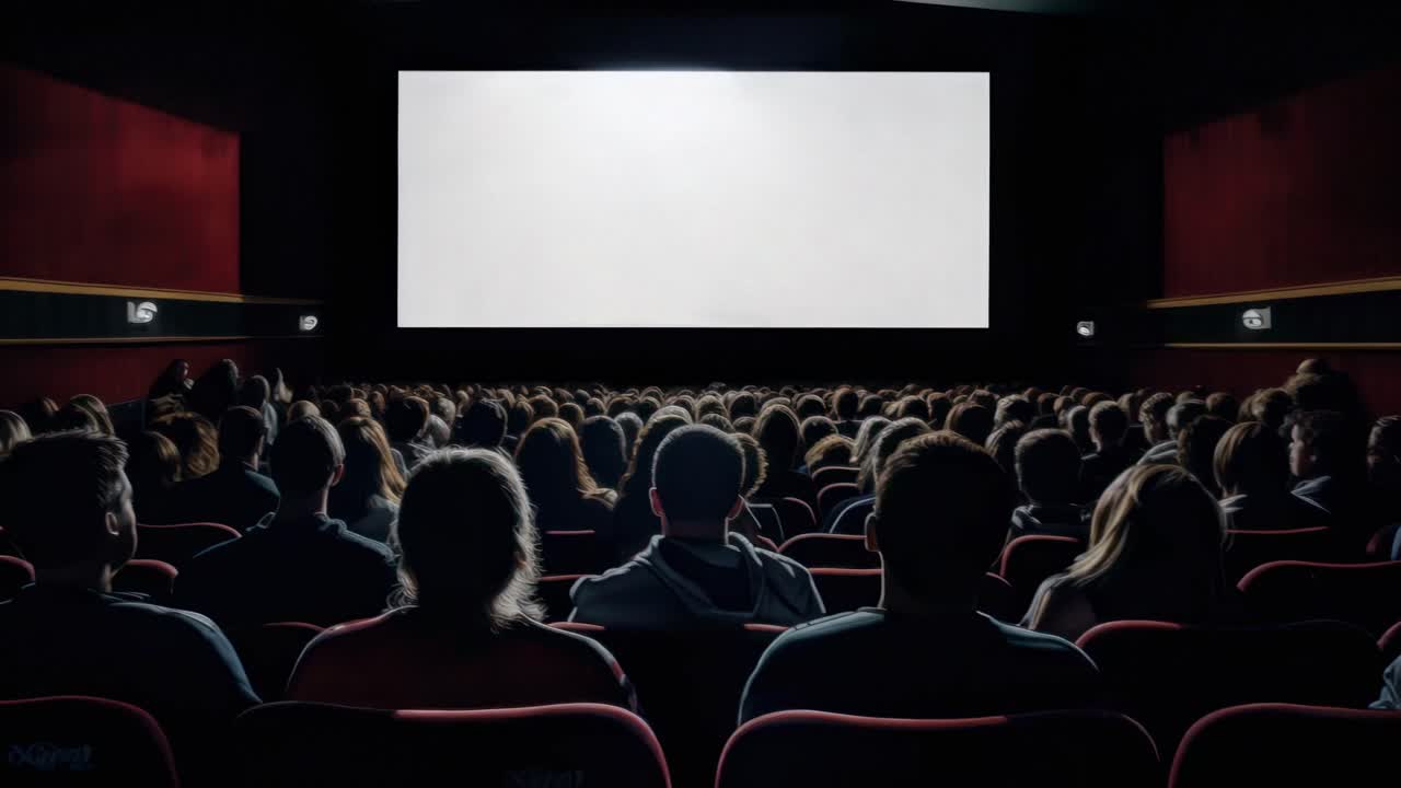 Wide-angle shot of a packed cinema, capturing the audience's anticipation as they watch a video
