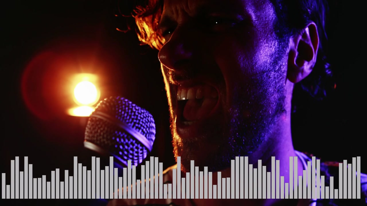 Male singer leaning to mic, performing music, purple rim, lamp flare, visualizer reacting to vocals