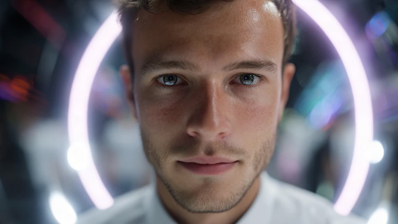 Ritratto ravvicinato di giovane uomo con sguardo intenso, circondato da luci circolari colorate, che crea un'esperienza visiva coinvolgente e accattivante.