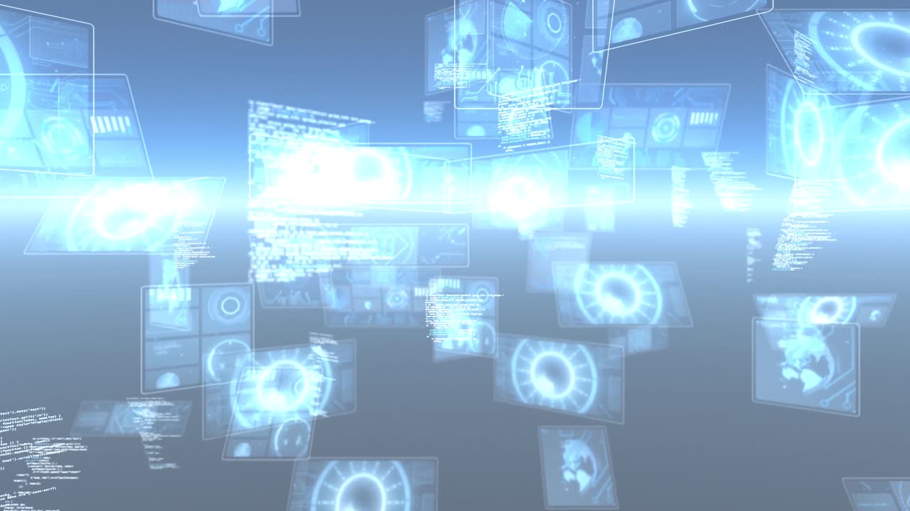 빛나는 지평선 위의 화면에서 데이터 처리 및 스 ⁇  스캐닝의 애니메이션