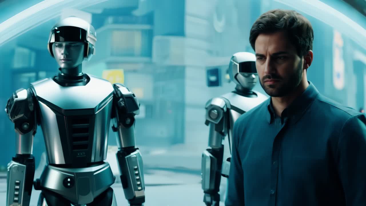 hombre y robots en un entorno futurista