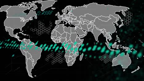animation of data processing over world map against black background