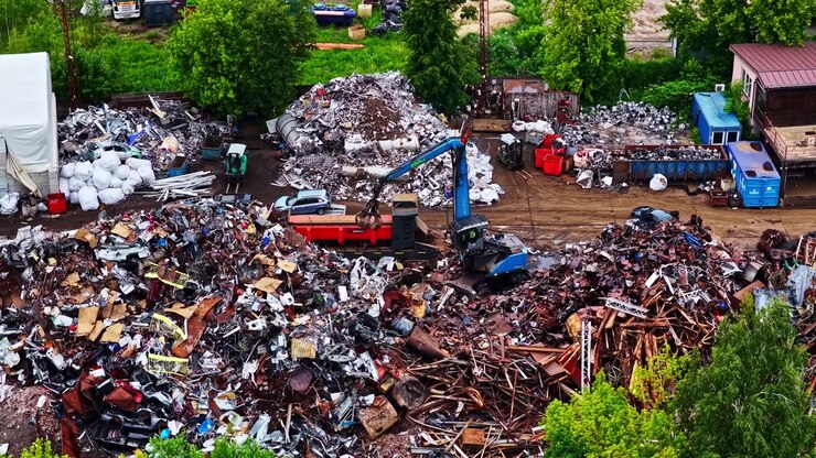 Timelapse aereo statico di un trafficato deposito di riciclaggio di rottami metallici con una benna meccanica che smista i materiali, drone.