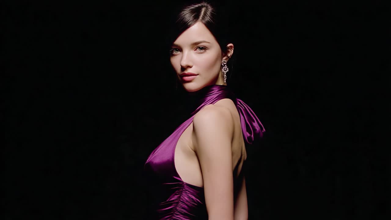 A Stunning Model Poses Elegantly in a Rich Purple Dress, Radiating Confidence and Sophistication Under Dramatic Lighting