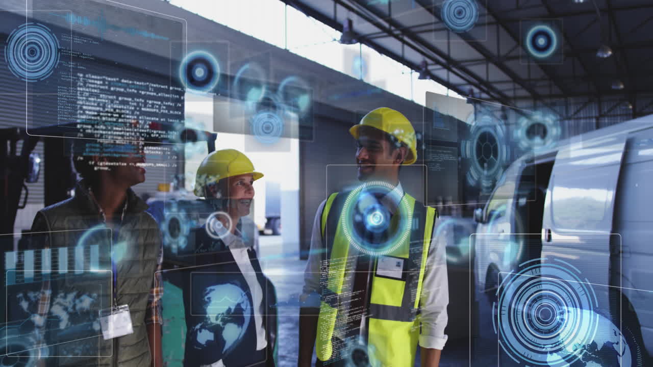 In warehouse, workers in safety gear discussing with digital interface overlay