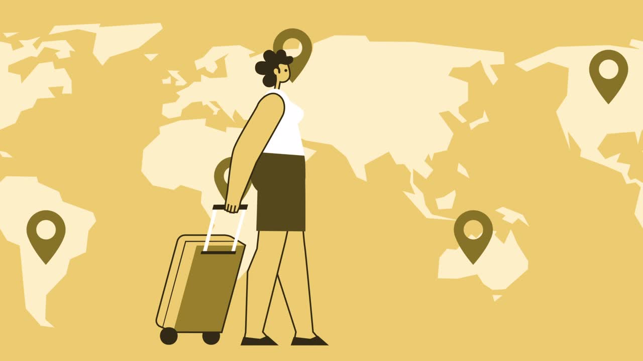mujer de estilo amarillo personaje plano caminando con una maleta de viaje en el fondo de animación de bucle del mapa del mundo