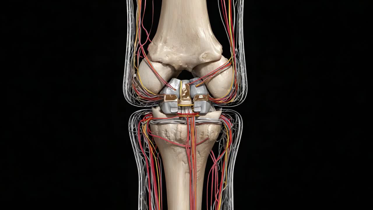 Detailed Anatomical Visualization of Human Knee Joint Highlighting Muscle, Tendon, and Ligament Connections with Nerve Pathways in 3D Representation