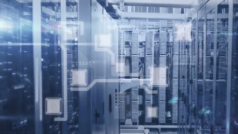 animation of connections and data processing over tech room with computer servers