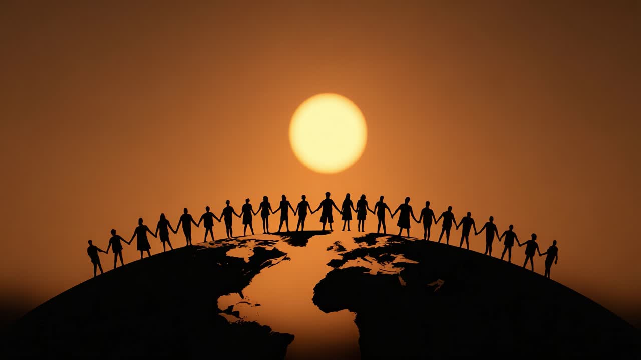 As the sun sets over a silhouetted globe, a diverse group of individuals join hands, symbolizing unity and collaboration across the world amidst a vibrant golden horizon