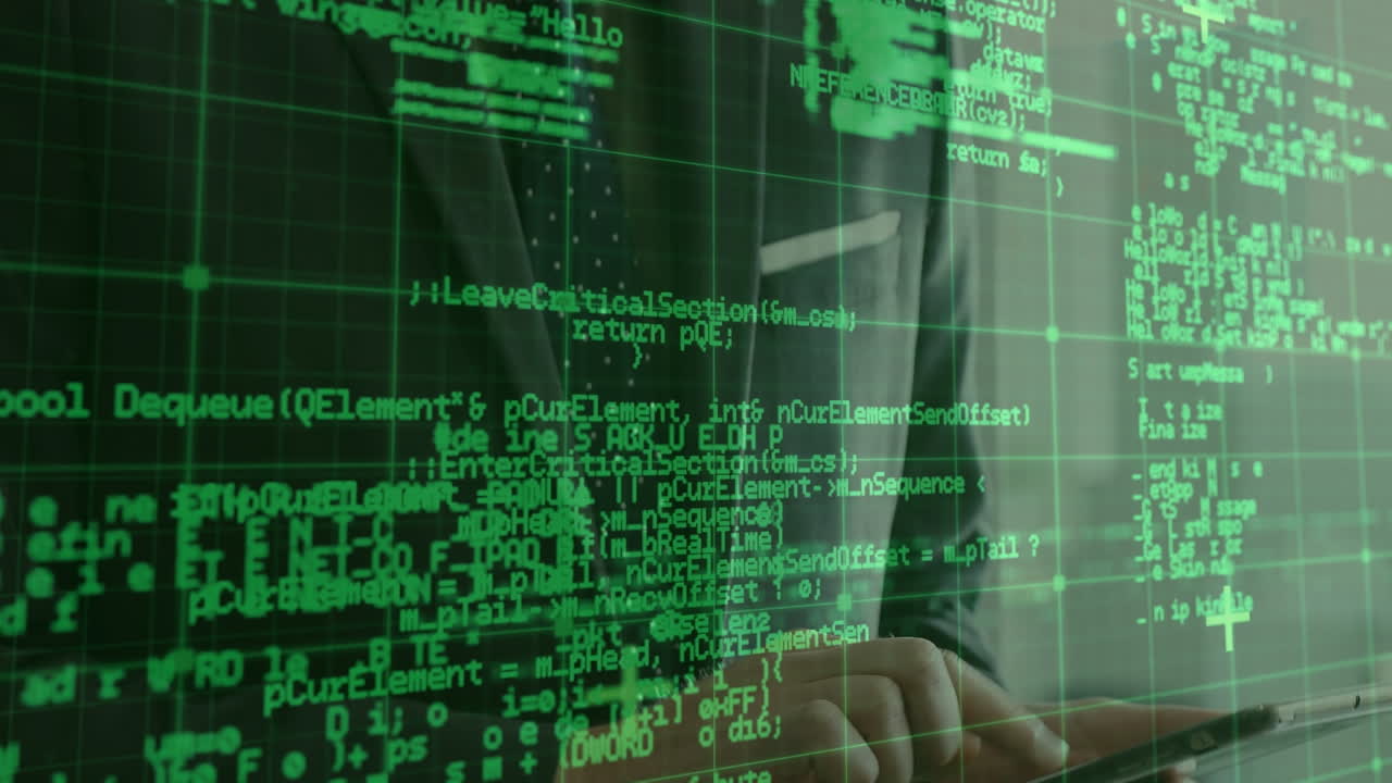 사무실에서 디지털 태블릿을 사용하는 백인 사업가에 대한 데이터 처리 애니메이션