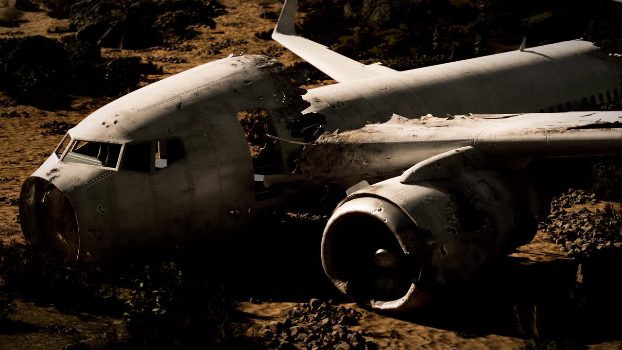 Plane wreckage at crash site surrounded by debris and wreckage