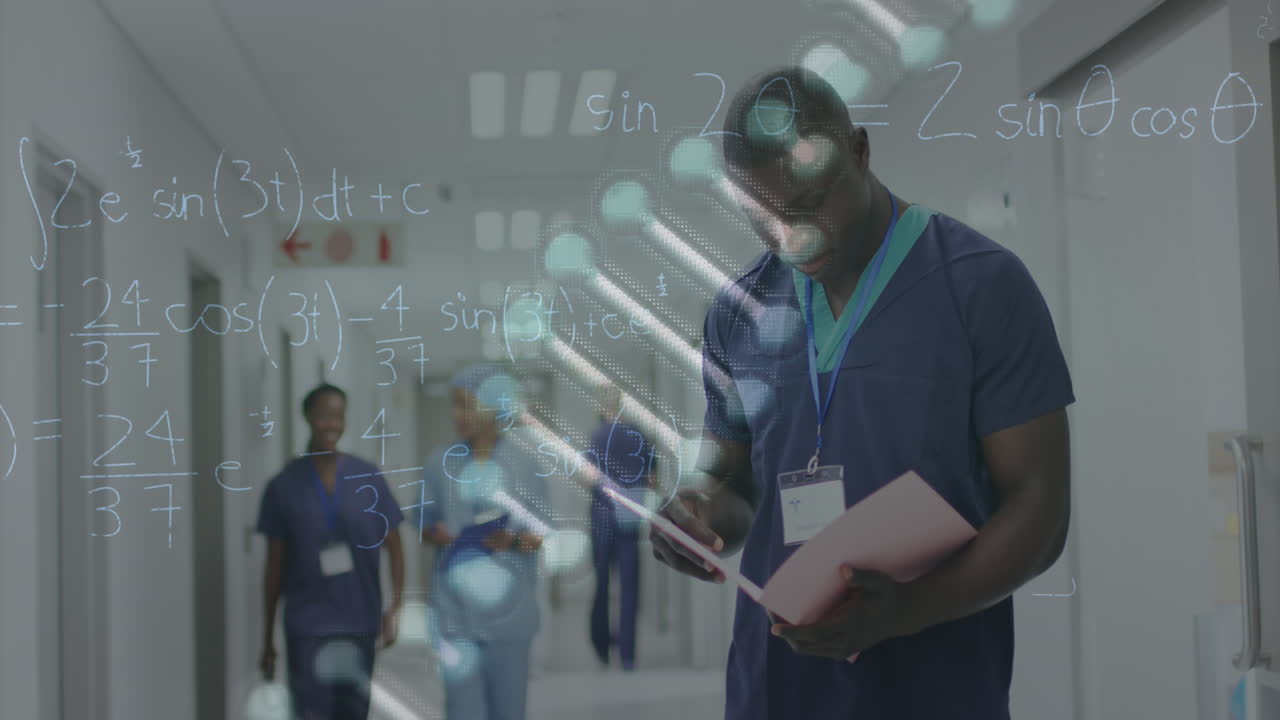 Animation of dna strand and maths formulae over african american male doctor with file in hospital
