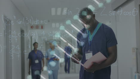 animation of dna strand and maths formulae over african american male doctor with file in hospital