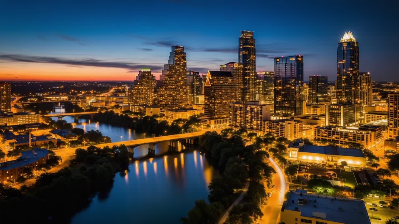 A Stunning Transformation from Daylight to Twilight: The Urban Landscape of a Vibrant Skyline Reflected in Tranquil Waters Under a Starry Night