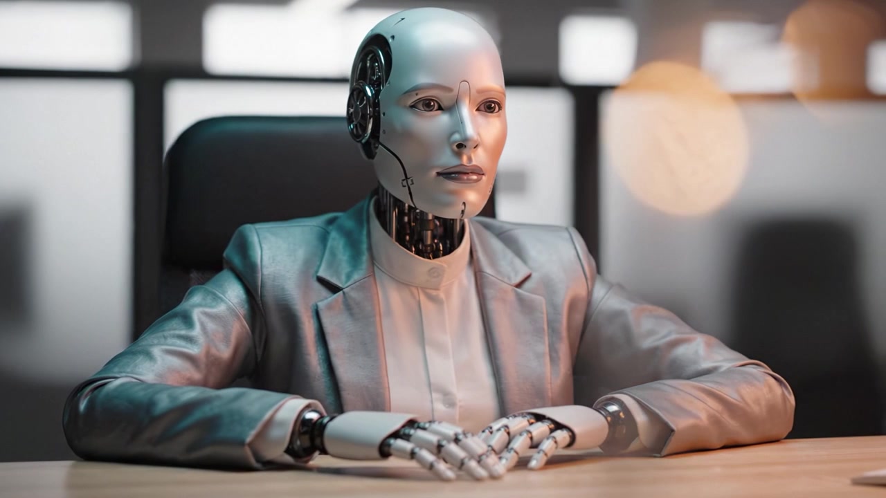 Una figura robotica futuristica che mostra tecnologia AI avanzata, seduta a una moderna scrivania d'ufficio, evidenziando la fusione tra aspetto umanoide e design meccanico.