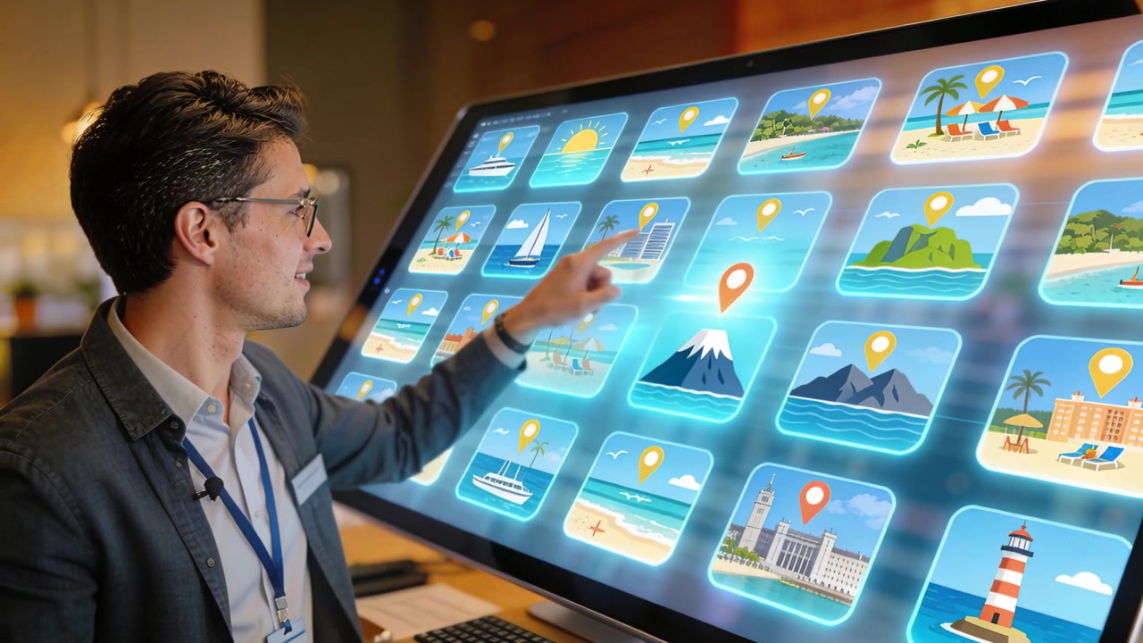 Pointing staff in blazer tapping hotel desk screen, selecting pinned mountain tile on guest request