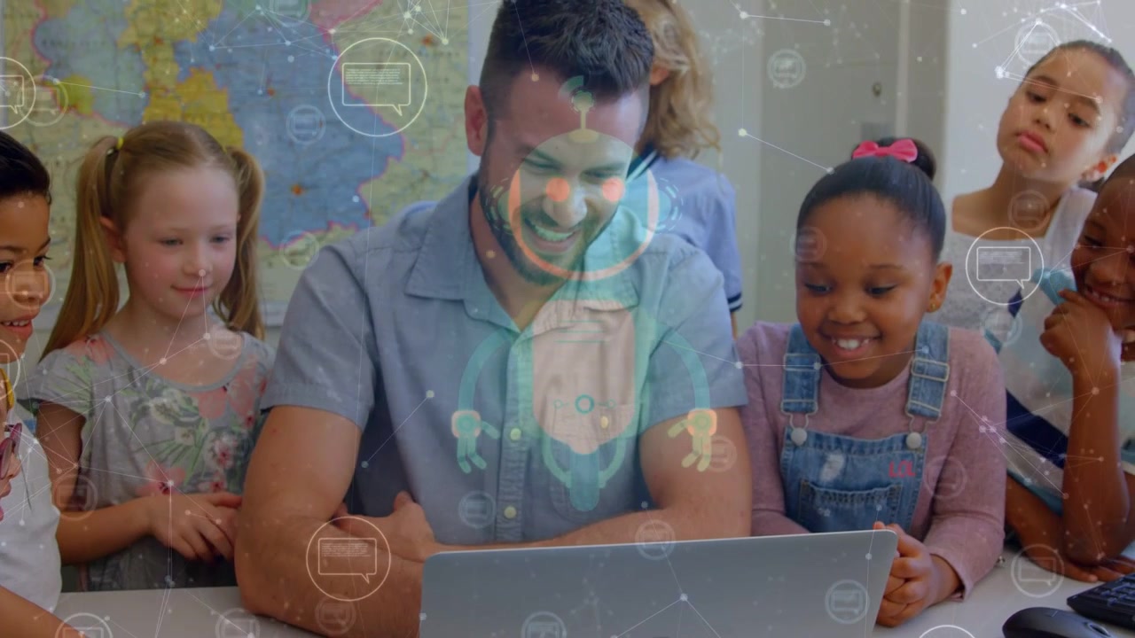 Laptop showing lesson, teacher guiding kids leaning in for learning with animated icons over screen