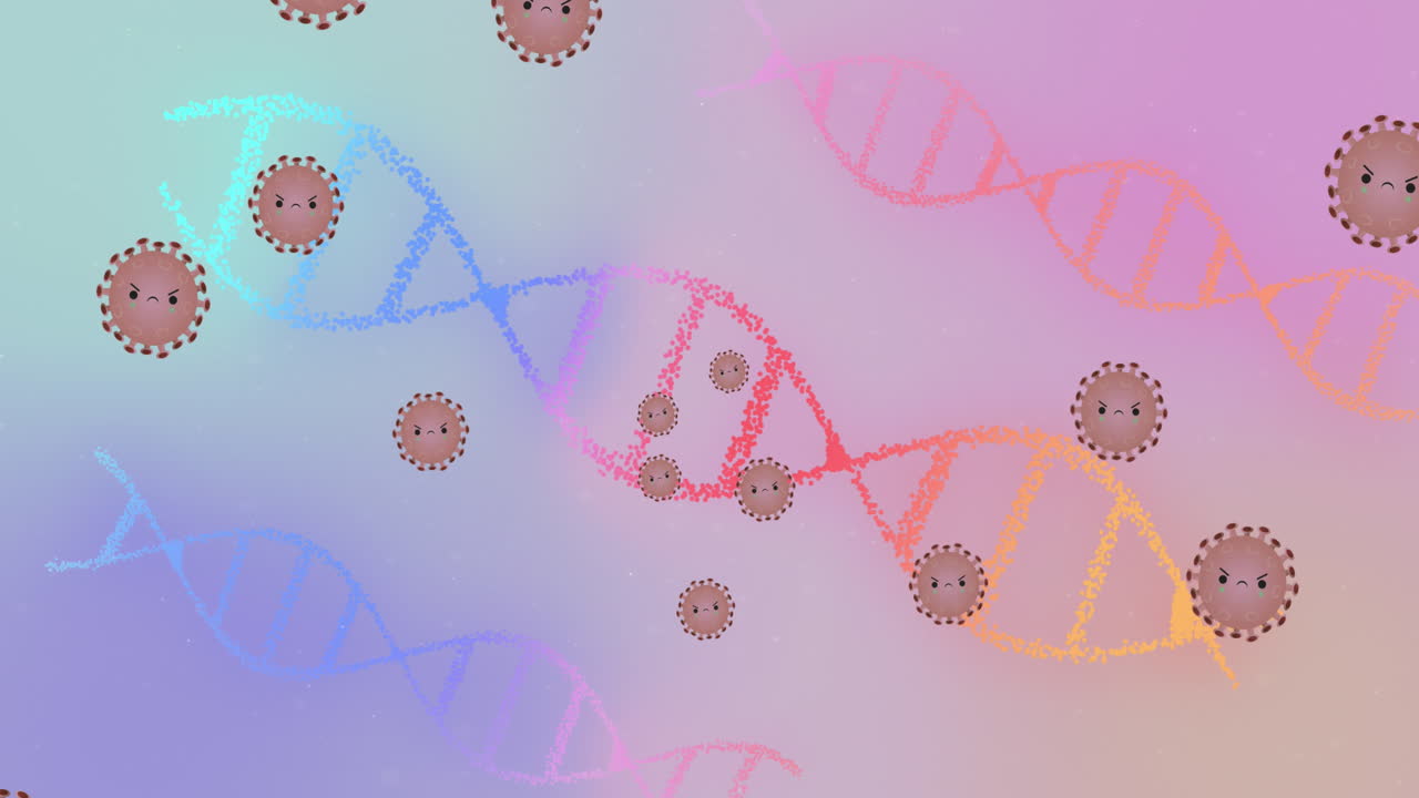 animación de células de covid 19 con rostros en movimiento y cadenas de adn girando