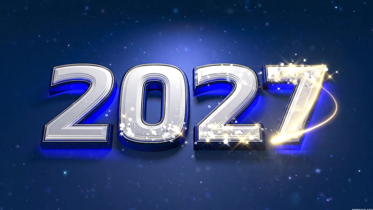 Rivelazione animata del testo Capodanno 2027 con effetti di luce scintillanti