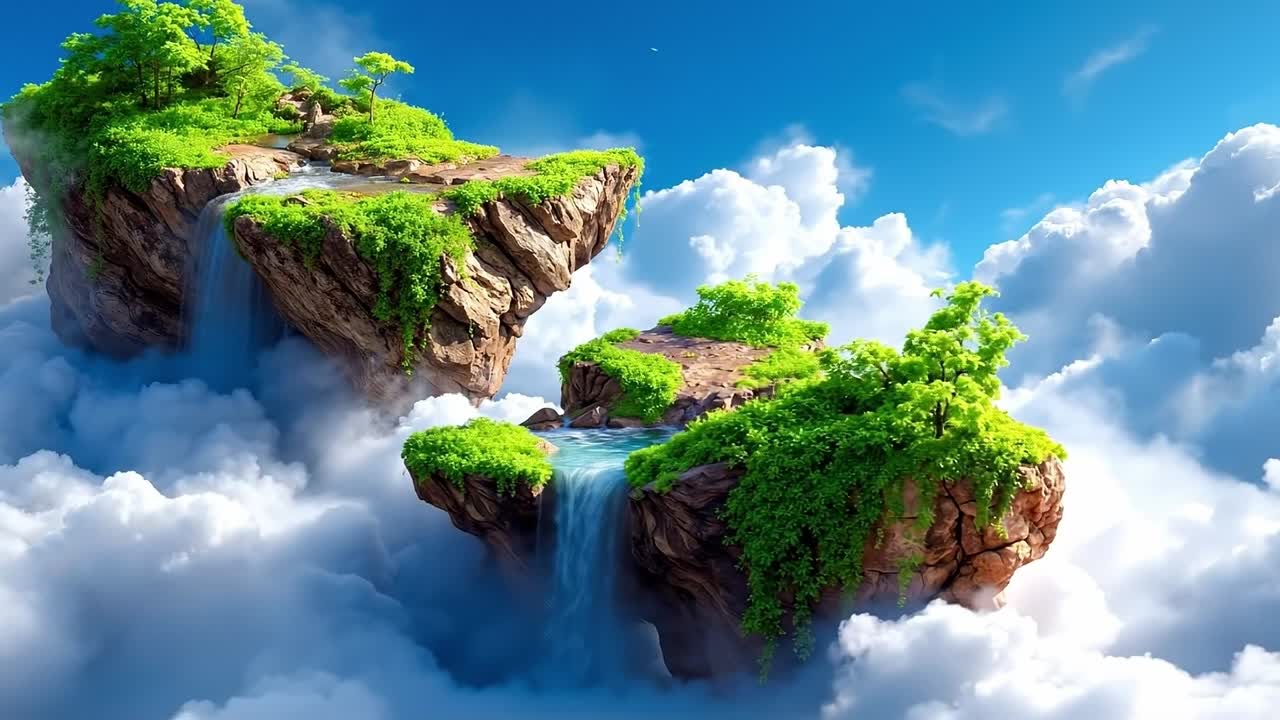 A small island in the middle of a cloud filled sky with a waterfall ...