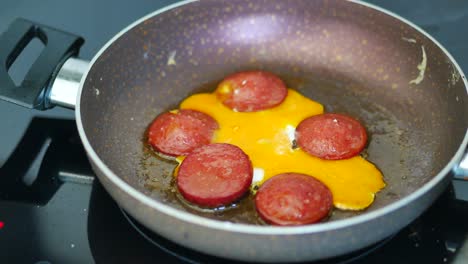 huevos fritos con salchichas en una sartén