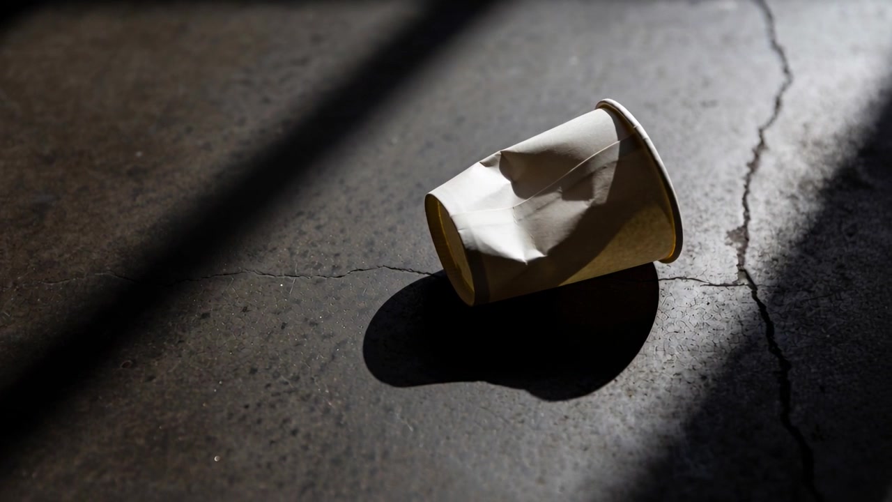 Shifting sunlight casting beams across split floor in garage, exposing crumpled cup and oval shadow