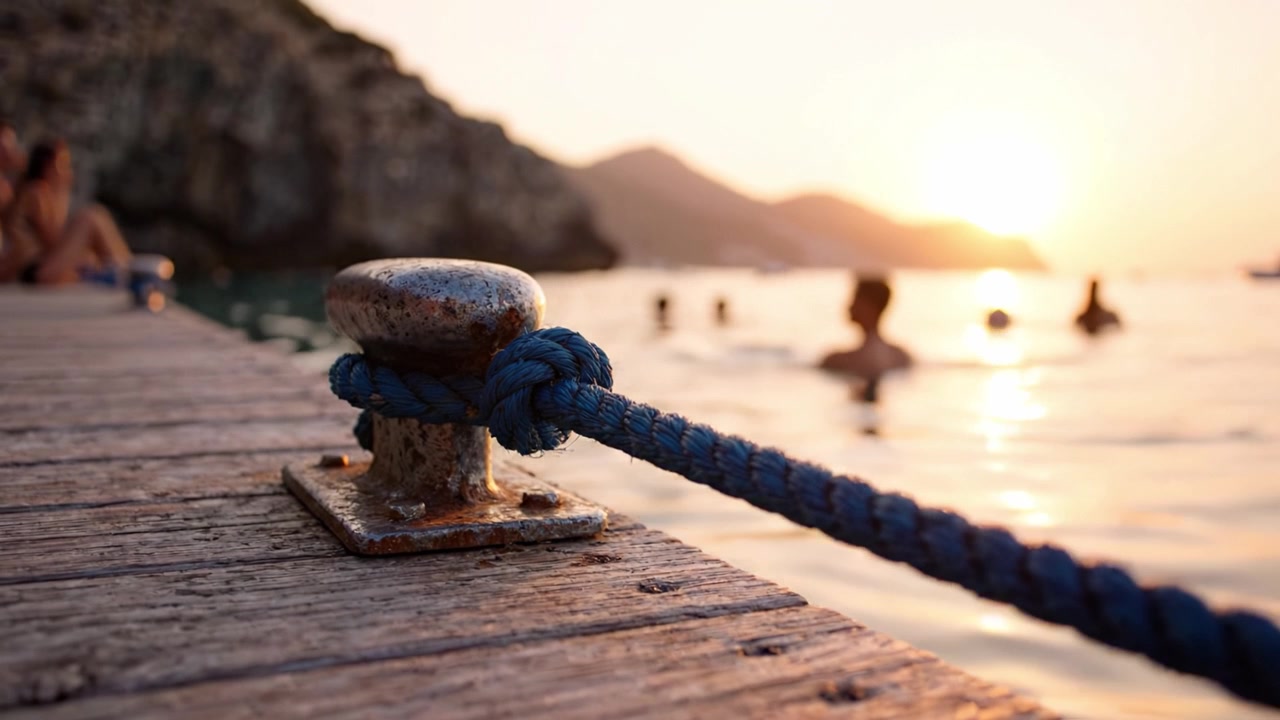 Un tramonto tranquillo sull'acqua con un focus su un palo d'ormeggio e uno scenario vivace che mostra nuotatori che si godono l'ambiente sereno.