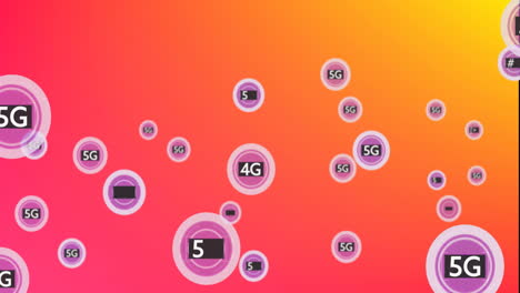 animación de múltiples banners de texto 5g flotando contra un fondo de gradiente naranja
