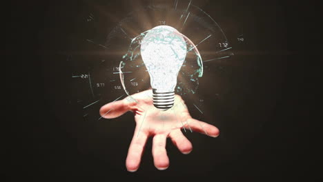 animation of data processing over hand with lightbulb and globe