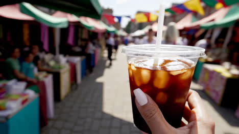 person holding an iced drink at a vibrant outdoor market
