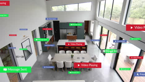 animación de notificaciones de las redes sociales en la cocina y el comedor vacíos y abiertos