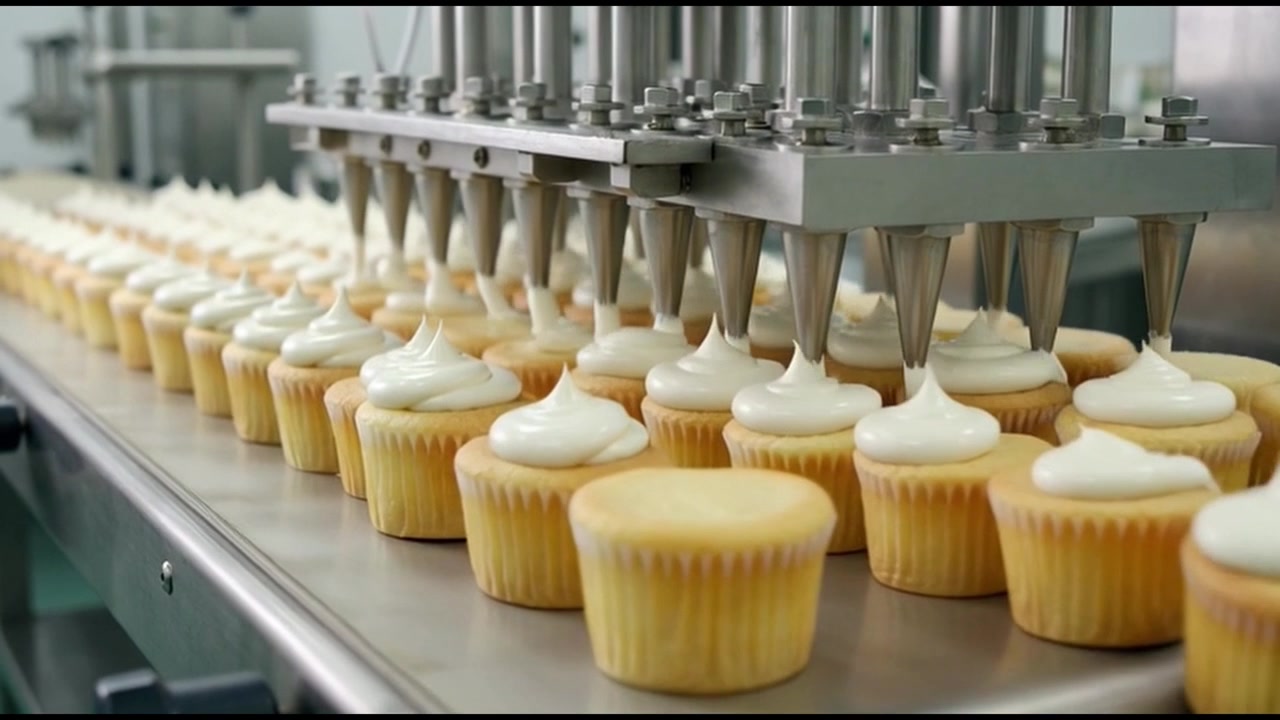 Industrial Machine Frosting Cupcakes on a Conveyor Belt