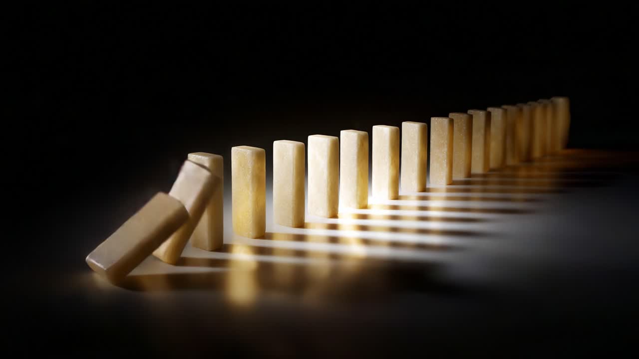 A captivating visual journey showcasing the dynamic transition of dominoes from a toppled position to a perfectly aligned sequence, highlighting perspective and light interplay