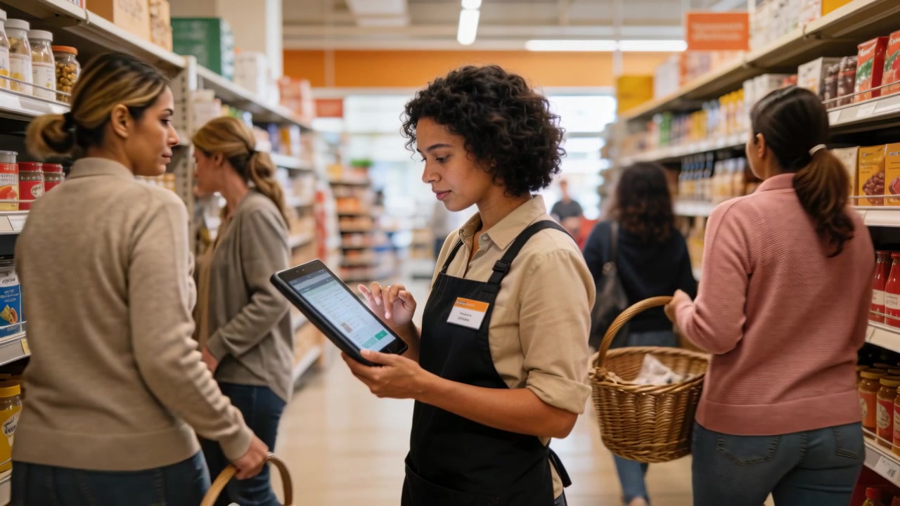 Un dipendente, rispondendo a un avviso di scorte, tocca un tablet per controllare l'inventario nel corridoio di un supermercato, indossando un grembiule e un badge.