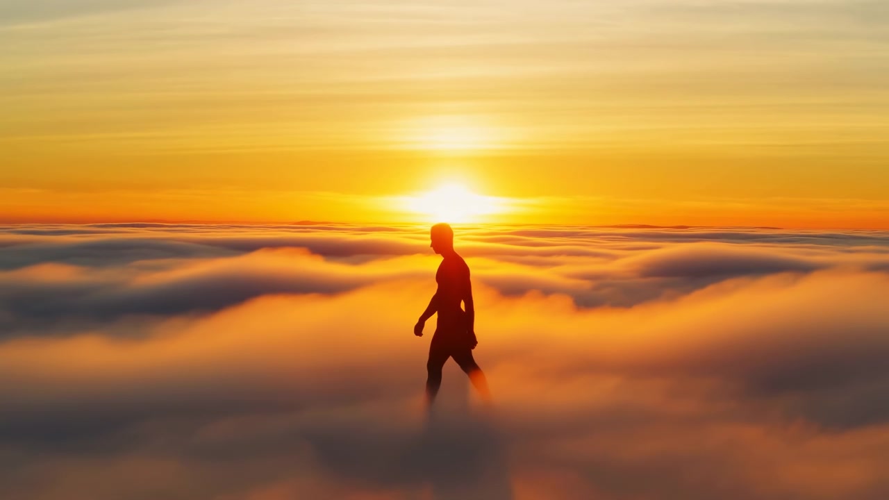 Silhouetted person walks gently above cloud sea at sunrise, centered beneath bright sun and warm golden sky, with soft haze, radiant light, long shadow, and serene uplifting atmosphere over