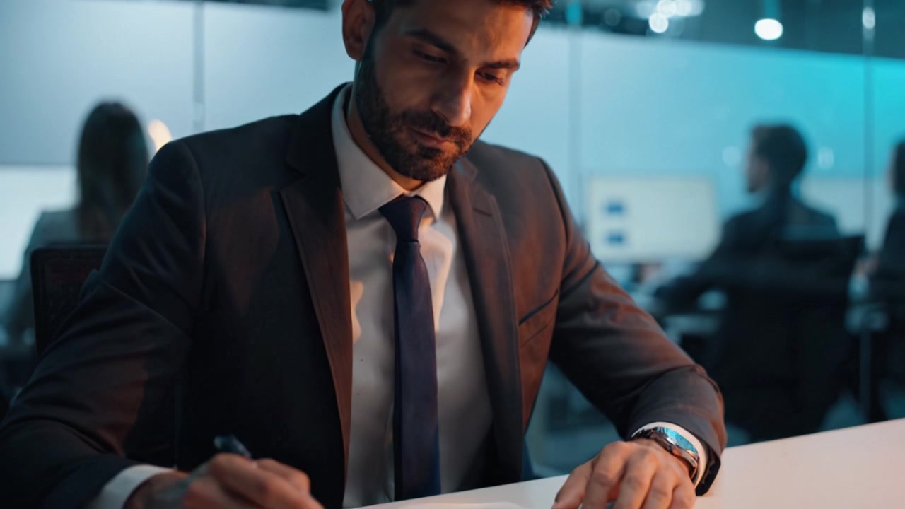Focused Business Professional Planning in an Office Environment, Engaged in Work, Taking Notes and Analyzing Information in a Modern Workspace Setting.