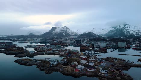 dramatic aerial drone view of lofoten norway fishing village.