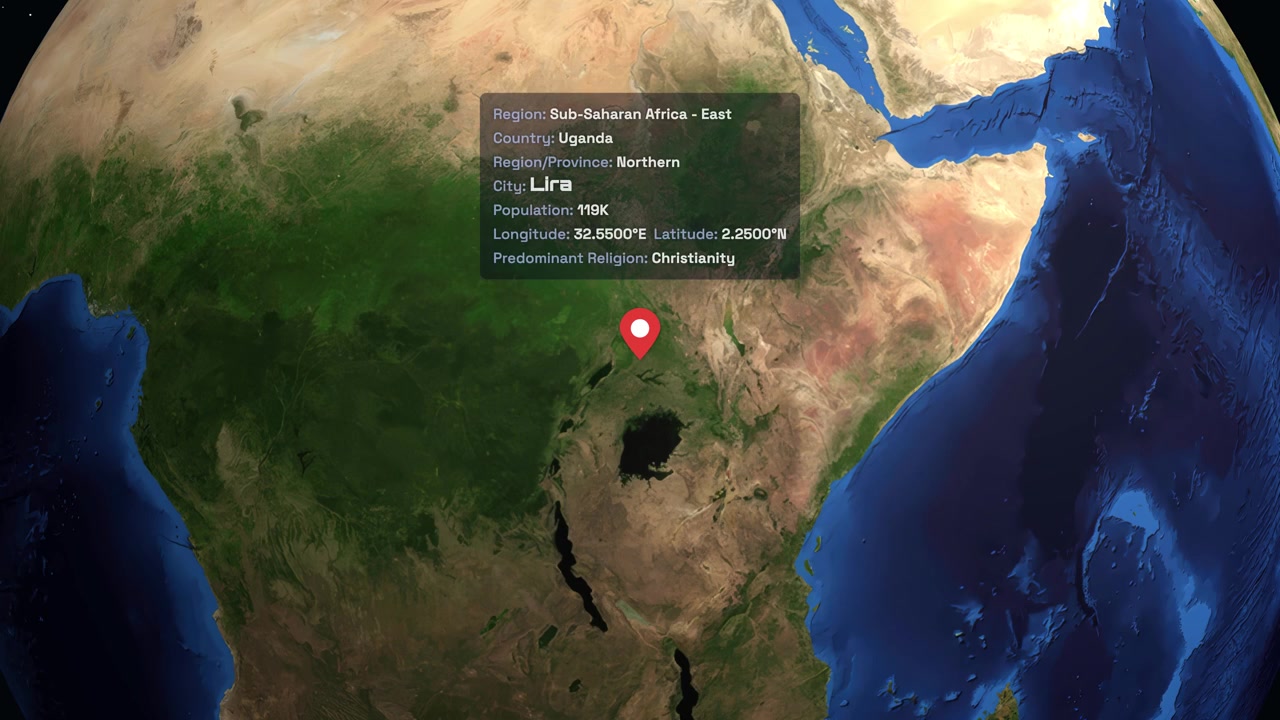 Digital globe rotates and zooms into Lira Uganda with data overlay and location pin