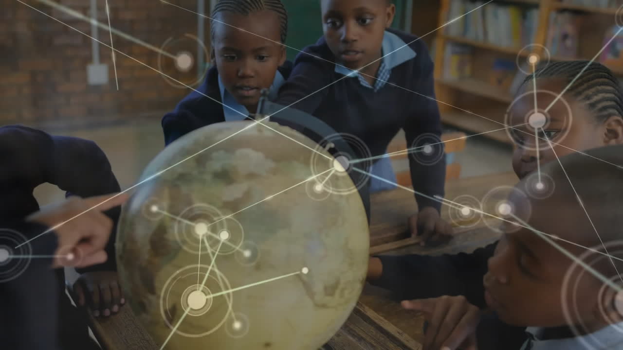 animación de la red de conexiones y el globo sobre diversos escolares