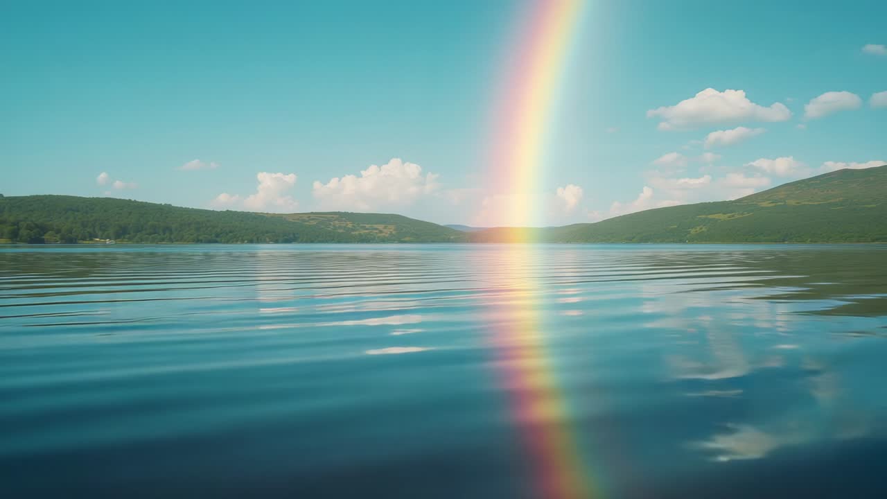 Shimmering rainbow reflection dancing on lakeside while breeze creating ripples by forested hills